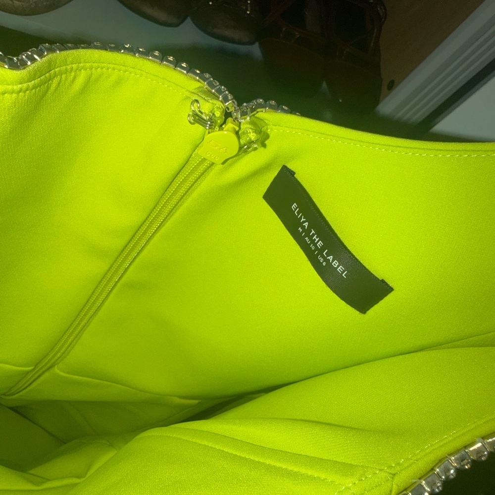 One-Shoulder Neon Lime Midi Dress with Draped Sleeve - Picture 4 of 6